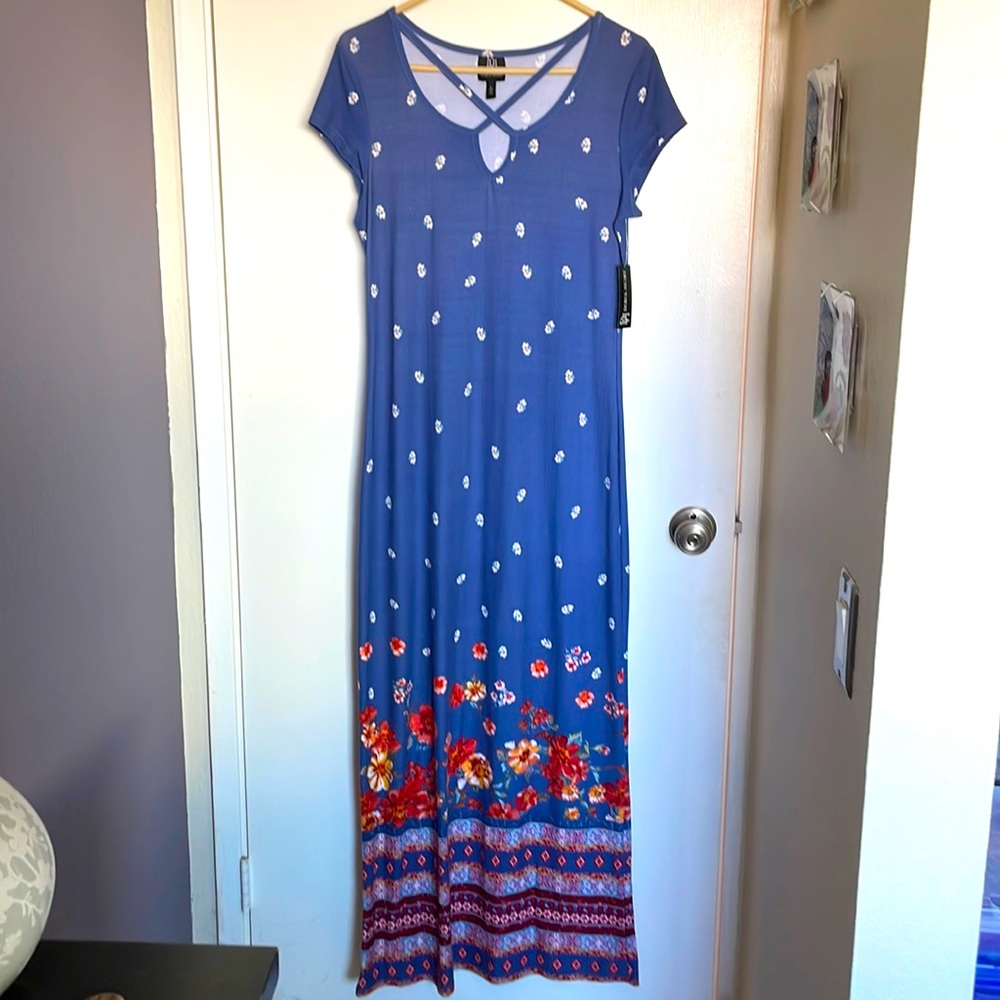 Full length flowered dress.